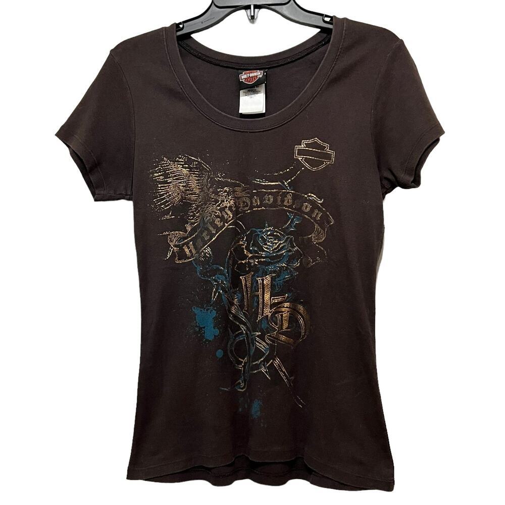 Harley Davidson Ladies Cut Brown Metallic Graphic Tee Ithaca HD Cayuta, NY Large
